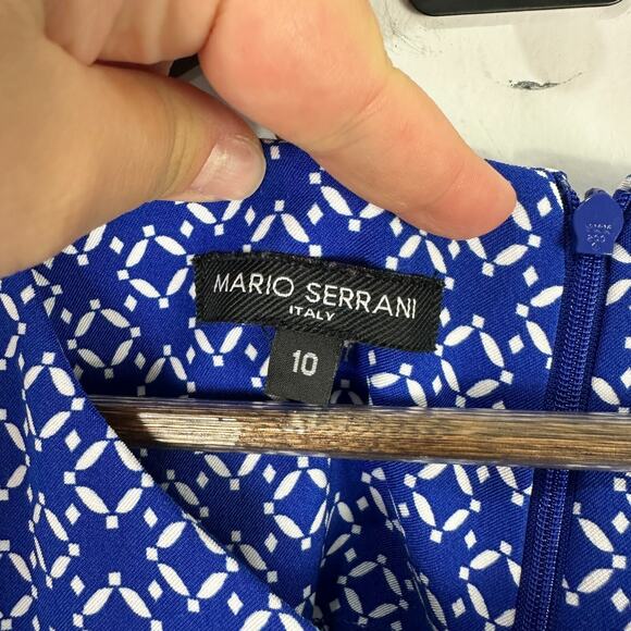 Mario Serrani Dress Women 10 Sleeveless Blue White Sheath Quiet Luxury Preppy - Picture 2 of 7